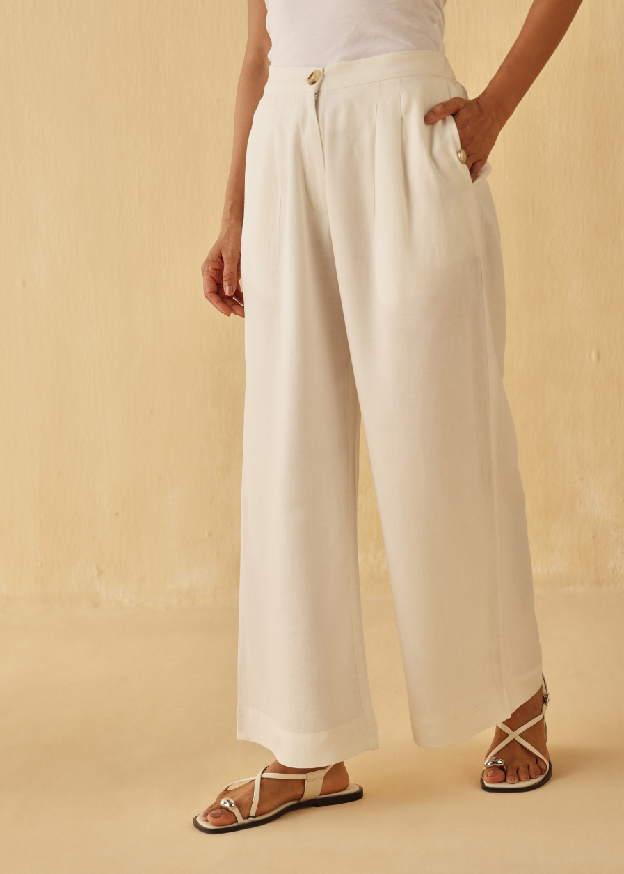 Classic White Pleated Pants | Linen Blend